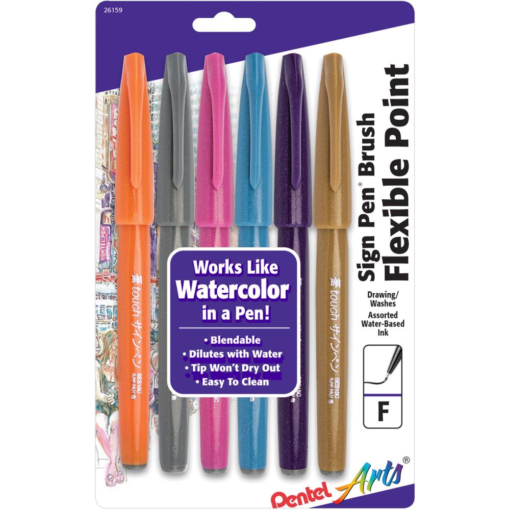 סט של 6 טושים Pentel Arts Sign Pens With Brush Tip - Fashion Colors