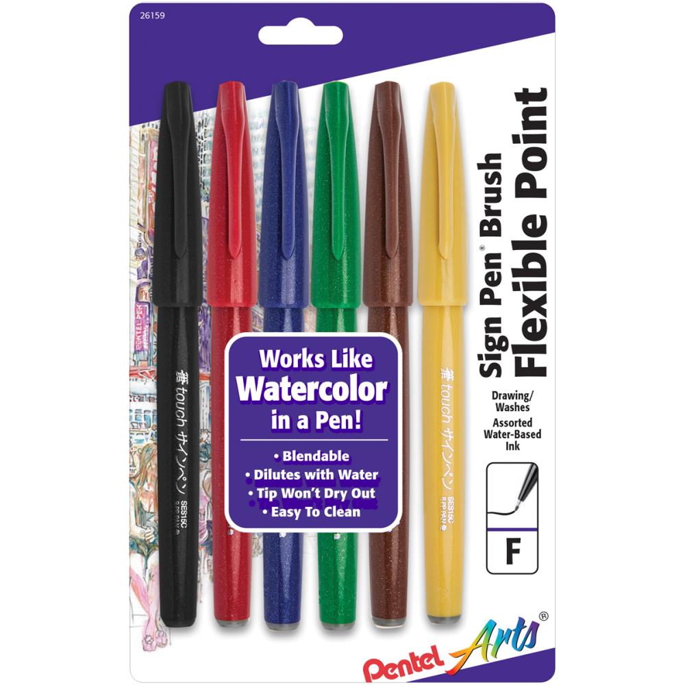 מארז טושים 6 יחידות- Pentel Arts Sign Pens With Brush Tip