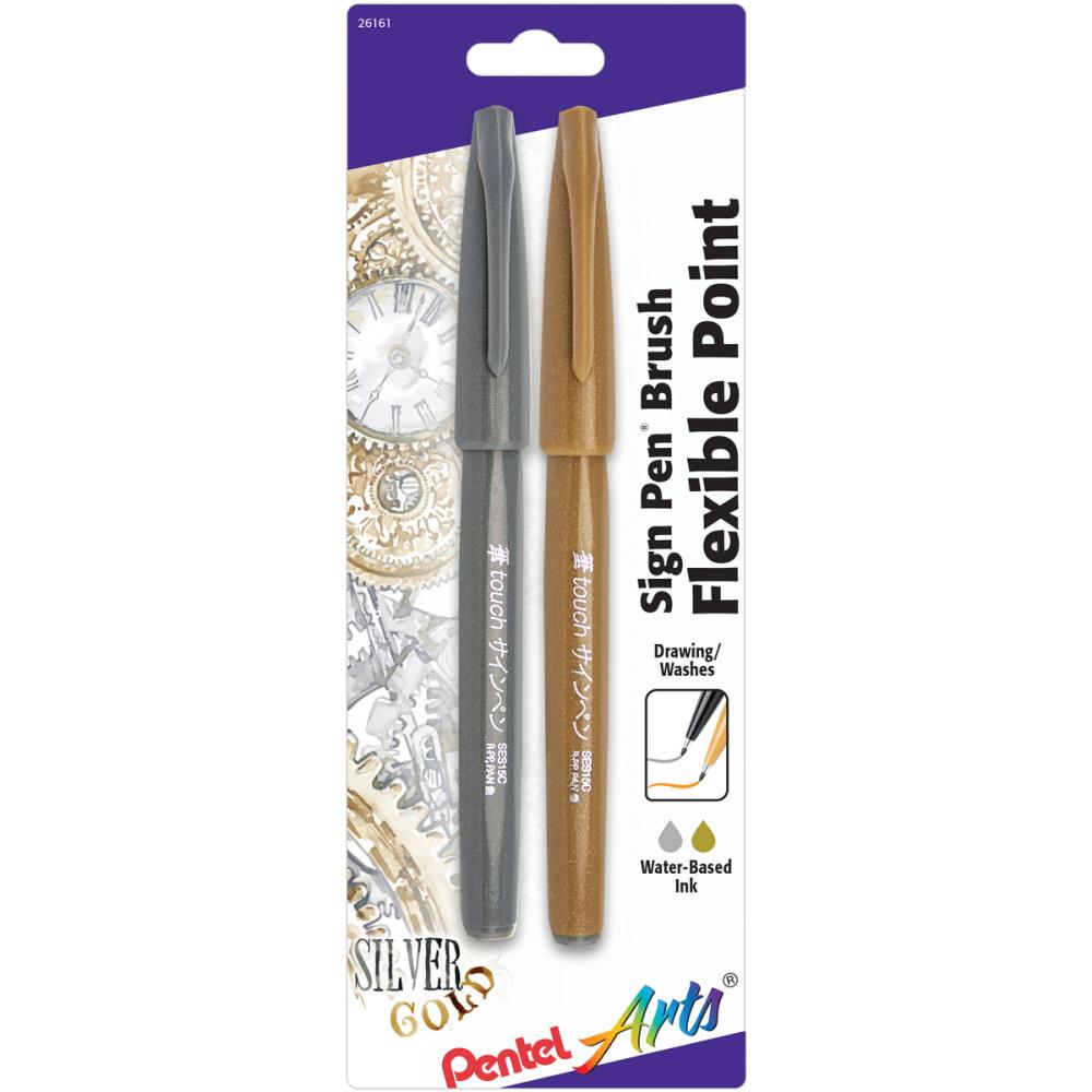 Pentel Arts Sign Pens With Brush Tip - Gold & Silver