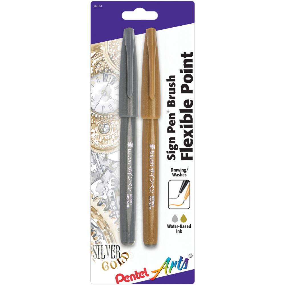 Pentel Arts Sign Pens With Brush Tip - Gold &amp; Silver