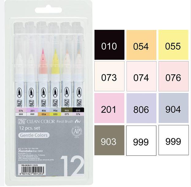 Zig Real brush set סט 12 טושים עם ראש מכחול Gentle Colors