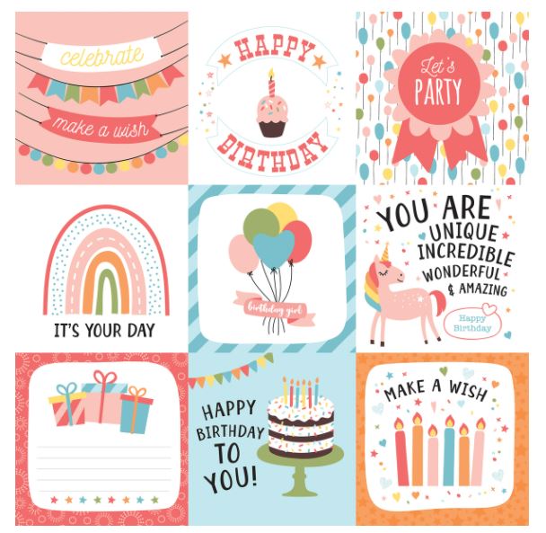 דף קארדסטוק 12" 2361 - BIRTHDAY GIRL - 4X4 Journaling Cards