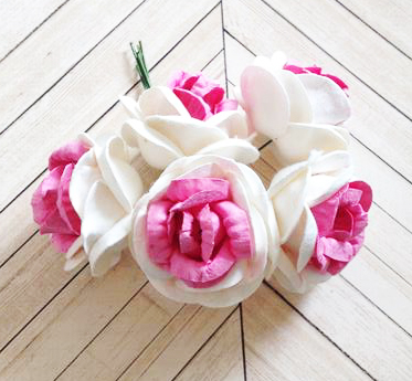 פרחי נייר - ורדים גדולים - לבן בייבי + ורוד בוהק