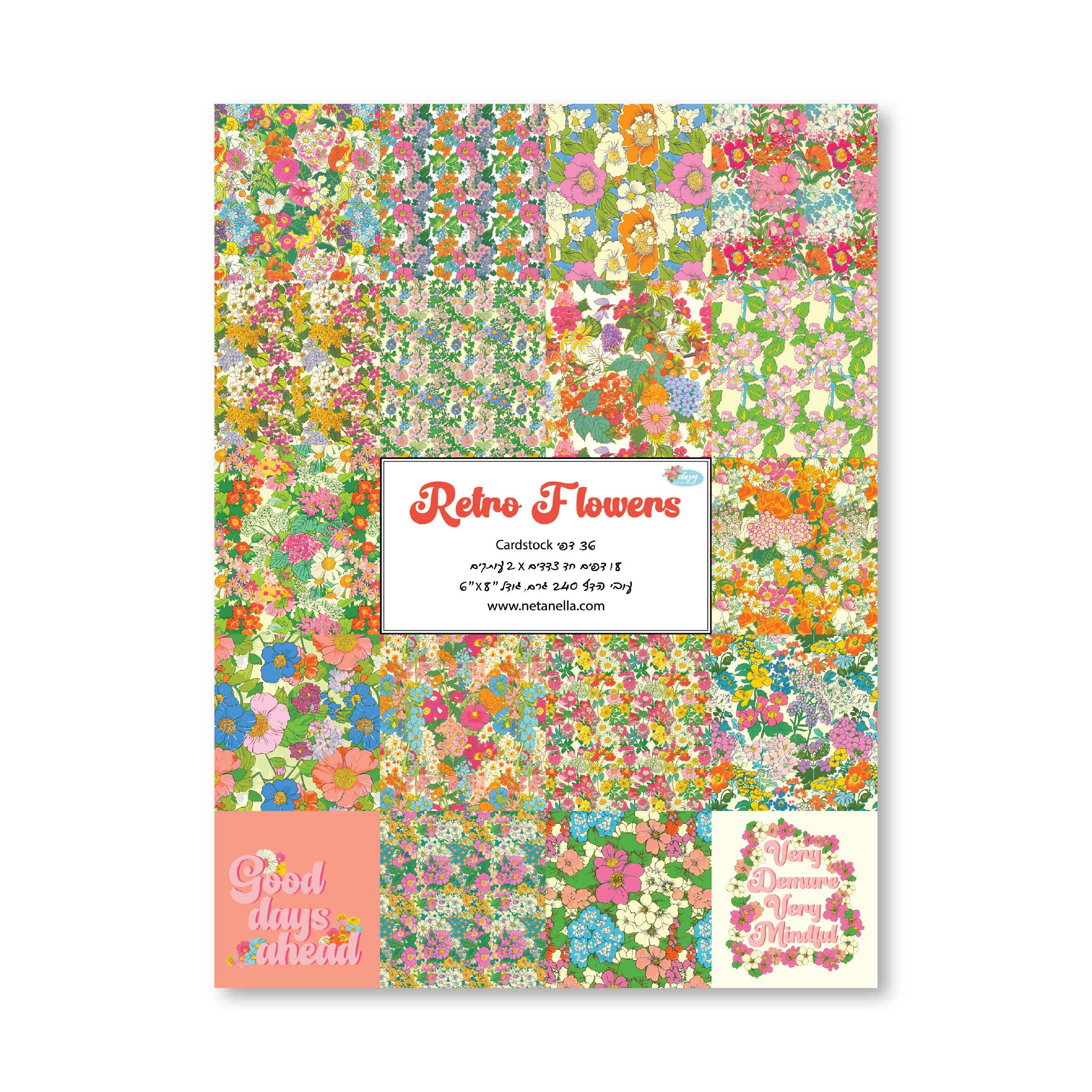 מארז דפי קארדסטוק 8&quot; * 6&quot; - Retro Flowers